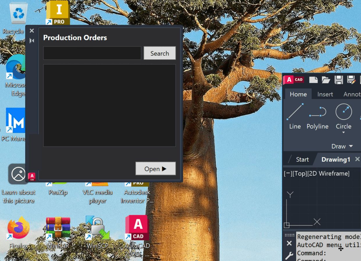 The plugin's Production Orders panel docked as a WPF palette inside AutoCAD — a search box, a results list, and an Open button — beside the AutoCAD ribbon (Home / Insert / Annotate tabs, with Line, Polyline, and Circle draw tools) and the Drawing1 canvas in 2D wireframe.