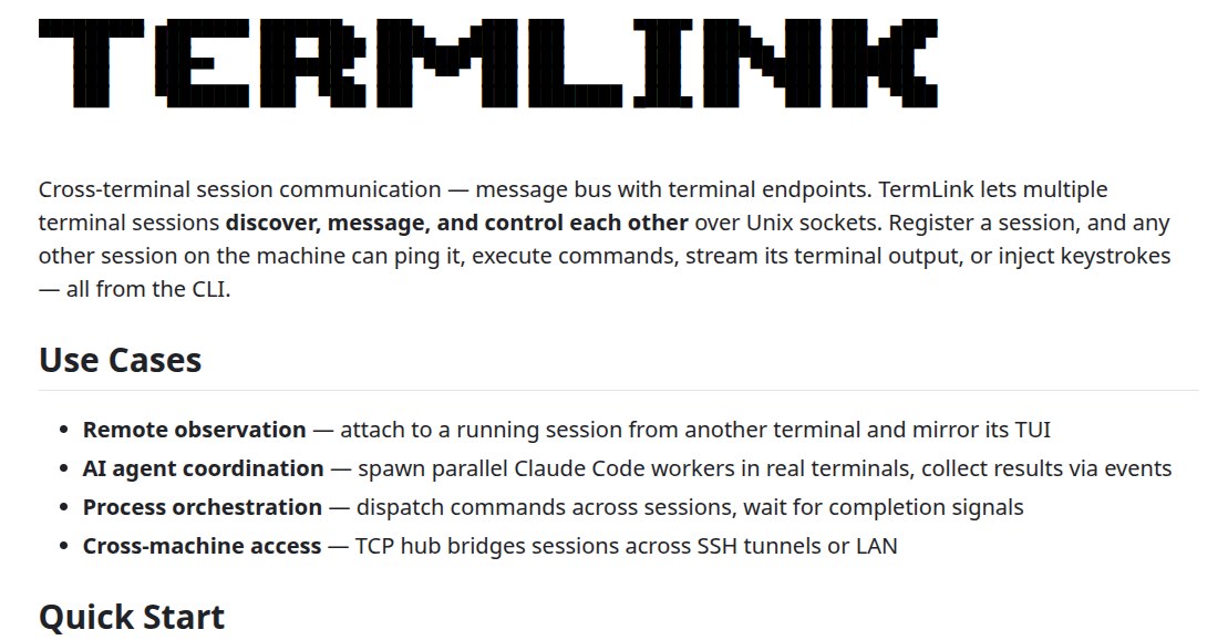 The TermLink README — its pixel-font title, the description (cross-terminal session communication: a message bus with terminal endpoints over Unix sockets), and a Use Cases list: remote observation, AI agent coordination, process orchestration, and cross-machine access.