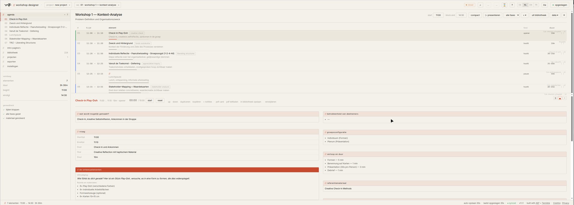 The Workshop Designer app — a workshop planned as a timed agenda of facilitation methods, each element carrying a purpose, participant-engagement note, group configuration, materials, and reference material, in a multi-language interface.